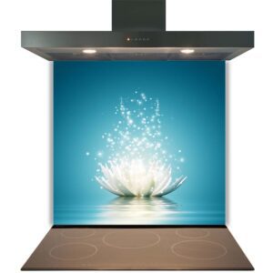A digital artwork of a glowing lotus flower with sparkles, displayed on a Kitchen Glass Splashback Toughened & Heat Resistant - Design No. 2011 above a stove cooktop.