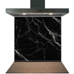 Stainless steel kitchen range hood above an induction cooktop with a Kitchen Glass Splashback Toughened & Heat Resistant - Design No. 2021.