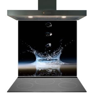 Range hood with a digital image of water splash displayed on its integrated screen above a cooktop, featuring a Kitchen Glass Splashback Toughened & Heat Resistant - Design No. 2021.