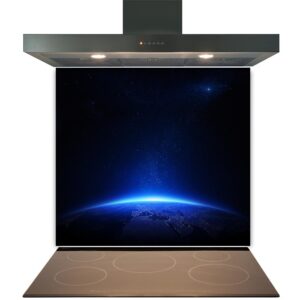 A Kitchen Glass Splashback Toughened & Heat Resistant - Design No. 2002 is installed above an induction stove with an image of Earth from space as the backdrop.