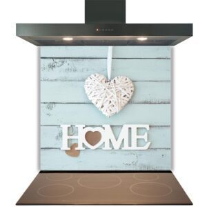Modern kitchen stove with a decorative 'home' sign and a heart-shaped ornament against a blue wooden backdrop, complemented by a Kitchen Glass Splashback Toughened & Heat Resistant - Design No. 2011.