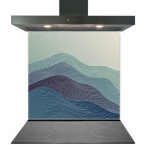 Modern kitchen stove with an overhead exhaust hood and a Kitchen Glass Splashback Toughened & Heat Resistant - Design No. 2021 featuring a wavy pattern.