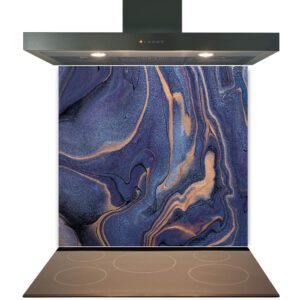 Modern kitchen with an induction stovetop and a stylish, heat-resistant Kitchen Glass Splashback Toughened & Heat Resistant - Design No. 2021 featuring a marbled blue and gold pattern.
