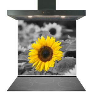 A sunflower displayed on a digital stove range hood screen, juxtaposing technology with nature, now enhanced by a Kitchen Glass Splashback Toughened & Heat Resistant - Design No. 2021.