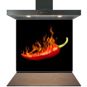 A red chili pepper on fire above an induction cooktop with a Kitchen Glass Splashback Toughened & Heat Resistant - Design No. 2002 and an extractor hood.