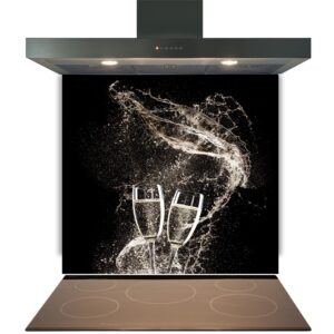 A digital kitchen hood mounted above a cooktop with an artistic image of sparkling liquid splashing out of two clinking glasses on a toughened, heat-resistant Kitchen Glass Splashback Toughened & Heat Resistant - Design No. 2002.