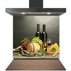 A modern kitchen induction hob with an assortment of wine, cheese, grapes, and a small wooden barrel arranged on the countertop features a Kitchen Glass Splashback Toughened & Heat Resistant - Design No. 2031.