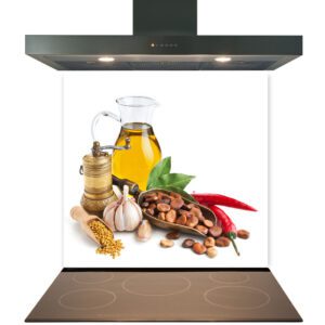 A variety of spices and ingredients atop a modern induction cooktop with a Kitchen Glass Splashback Toughened & Heat Resistant - Design No. 2031 and a stainless steel range hood above.