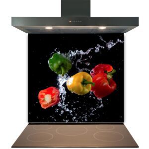 Range hood above an induction stove with a vibrant image of colorful bell peppers and splashing water displayed on a Kitchen Glass Splashback Toughened & Heat Resistant - Design No. 2031 behind it.