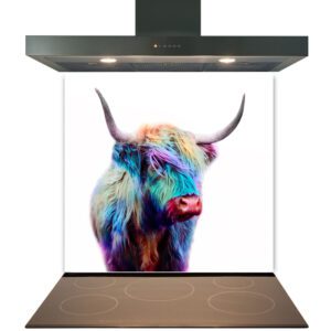 A colorful highland cow image superimposed over a kitchen stove and range hood setup, featuring a Kitchen Glass Splashback Toughened & Heat Resistant - Design No. 2031.