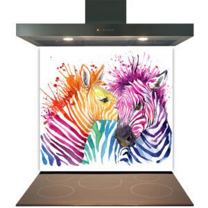 A vibrant and colorful zebra painting displayed on a Kitchen Glass Splashback Toughened & Heat Resistant - Design No. 2031, above a cooktop.