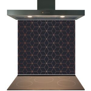 Modern kitchen stove with a stylish geometric Kitchen Glass Splashback Toughened & Heat Resistant - Design No. 2031 and stainless steel range hood.