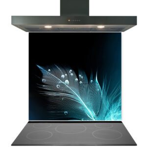 Modern kitchen range hood over a stovetop with an artistic depiction of a glowing feather on the Kitchen Glass Splashback Toughened & Heat Resistant - Design No. 2041.