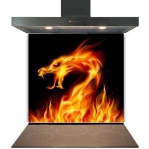 Stove top with an artistic fiery dragon design giving the illusion of flames emerging from the cooktop, enhanced by a Kitchen Glass Splashback Toughened & Heat Resistant - Design No. 2041.