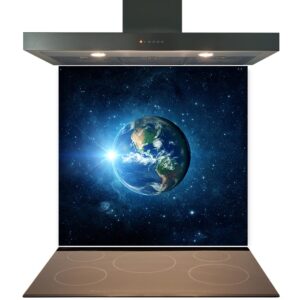 A digital composite of a kitchen cooktop with a cosmic backdrop, featuring earth as seen from space, highlighted by a Kitchen Glass Splashback Toughened & Heat Resistant - Design No. 2041.
