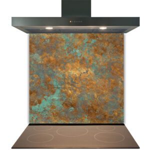 Modern kitchen with a stylish copper-toned, Kitchen Glass Splashback Toughened & Heat Resistant - Design No. 2011 splashback and a stainless steel range hood over an induction cooktop.