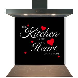 Modern kitchen range hood over a stove with an inspirational quote "the kitchen is the heart of the home" displayed on a Kitchen Glass Splashback Toughened & Heat Resistant - Design No. 2011 on the wall.