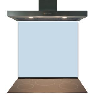 Modern kitchen stove with a stainless steel range hood and a Grey Kitchen Glass Splashback Toughened & Heat Resistant.