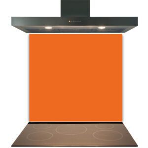 Modern kitchen stove and range hood with a Grey Kitchen Glass Splashback Toughened & Heat Resistant, featuring a blank orange backdrop.