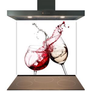 Two glasses of red and white wine clinking with a dynamic splash above a stove top, featuring a Kitchen Glass Splashback Toughened & Heat Resistant - Design No. 2002.