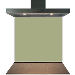 Stainless steel range hood mounted above a cooktop with induction burners and a Grey Kitchen Glass Splashback Toughened & Heat Resistant.