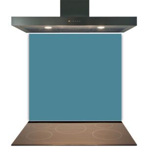 Modern kitchen extractor hood above an induction cooktop with a Grey Kitchen Glass Splashback Toughened & Heat Resistant.
