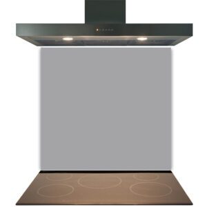 Modern kitchen extractor hood above electric stove top with a Grey Kitchen Glass Splashback Toughened & Heat Resistant.