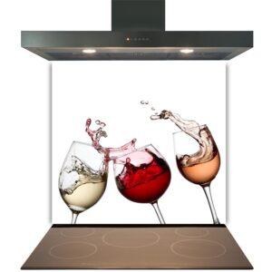 Three glasses of wine with liquid splashing out on a Kitchen Glass Splashback Toughened & Heat Resistant - Design No. 2011 under a range hood.