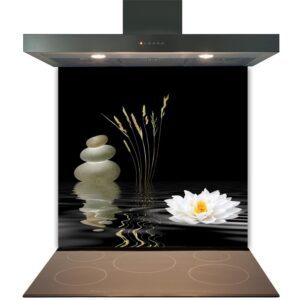 Electric cooktop with a decorative image of stones, wheat, and a flower reflected in water as a backsplash on a Kitchen Glass Splashback Toughened & Heat Resistant - Design No. 2011, under a range hood.