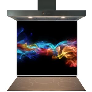 Modern kitchen stove top with an artistic overlay of colorful smoke on the Kitchen Glass Splashback Toughened & Heat Resistant - Design No. 2002.