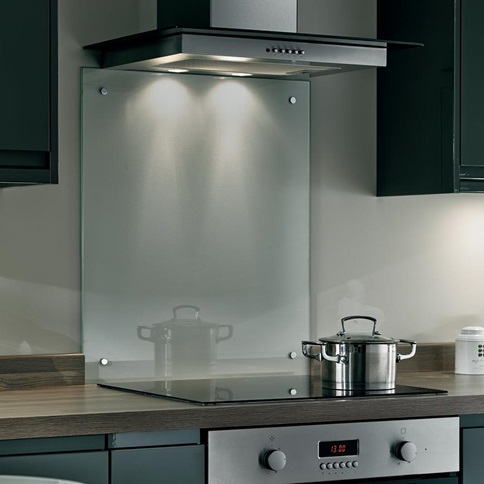 A kitchen with a Clear Kitchen Glass Splashback Toughened & Heat Resistant hood and a stove with a Clear Kitchen Glass Splashback Toughened & Heat Resistant.