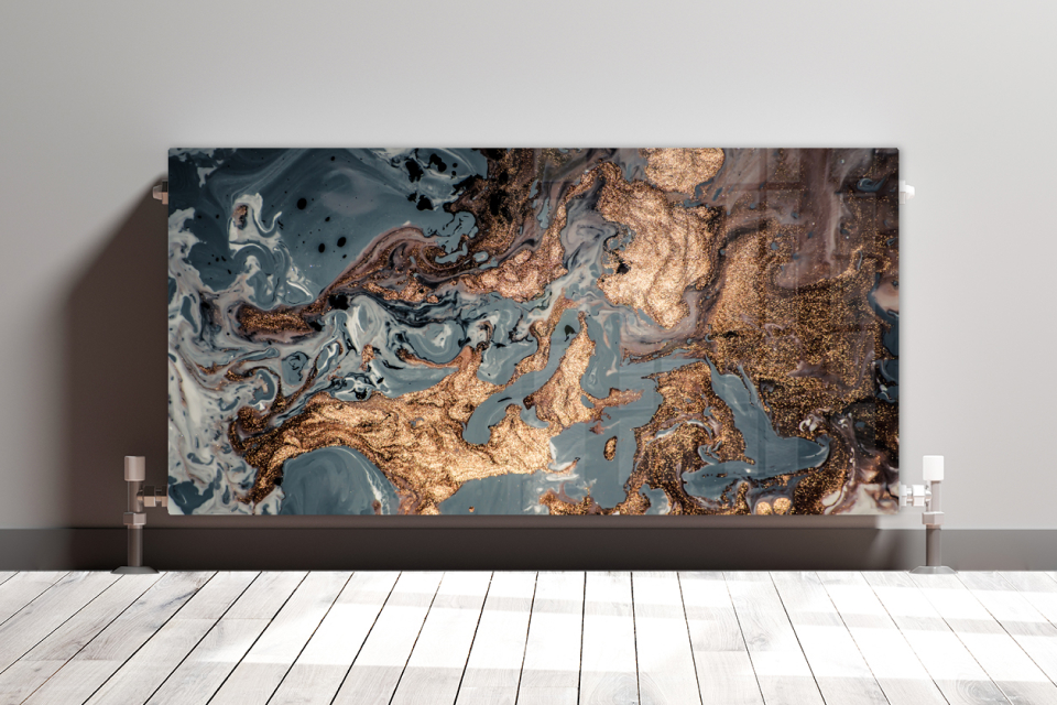 Abstract art piece with swirling blue and gold patterns displayed on a floor stand against a gray wall in a room with wooden flooring.